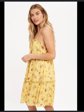 Mystree Yellow Floral Tiered layered Rayon Sundress slip dress LG in GUV